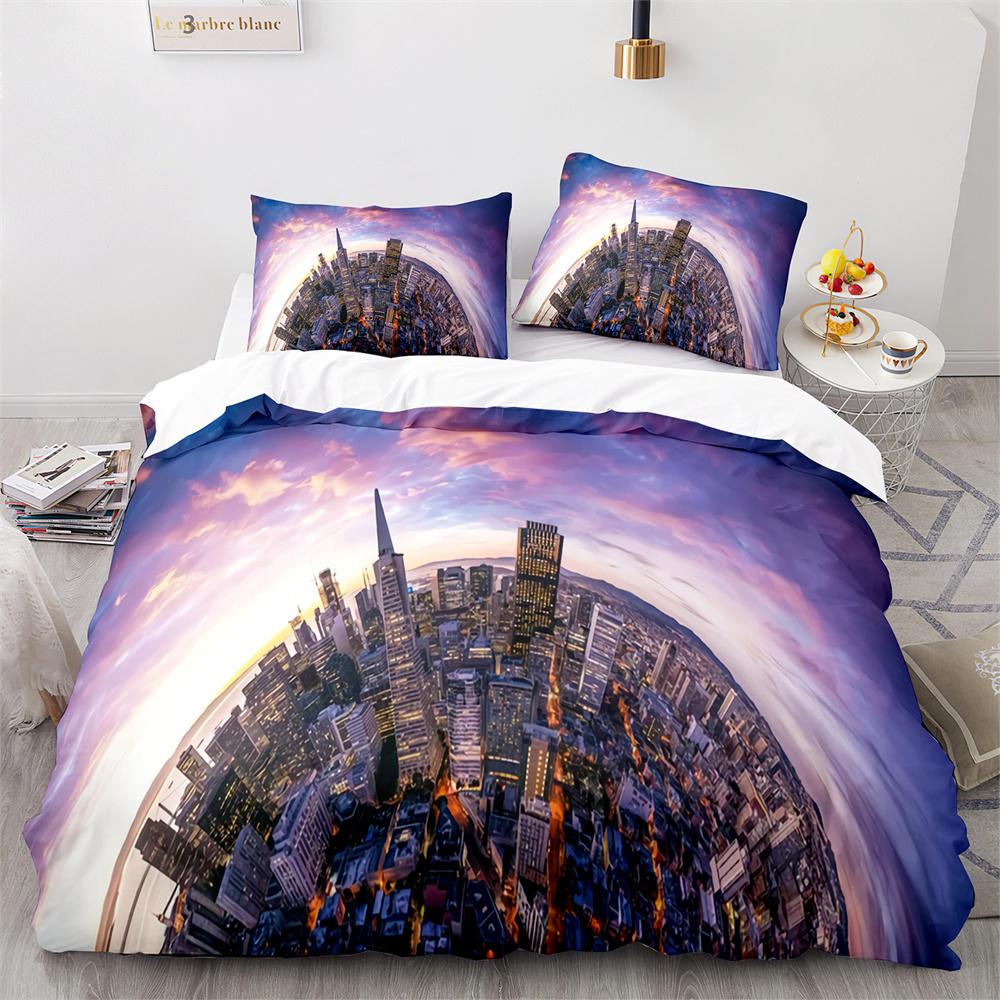 American City Landscape Duvet Cover Set Statue of Liberty Pattern King Queen Size Comforter Cover for Teen Polyester Bedding Set