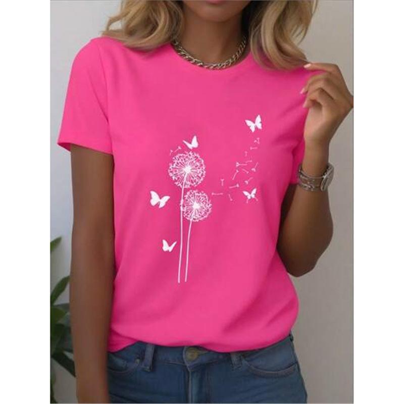 Tricou de vară pentru femei, respirabil, cu mânecă scurtă, cu imprimeu 3D cu flori de păpădie