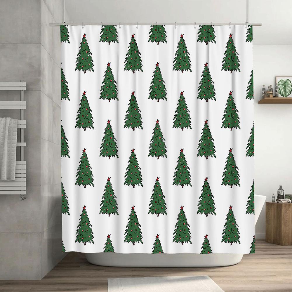 Christmas Tree Shower Curtain with Cute Illustration Decor White Waterproof Bathroom Linen for Home Decoration Supplies (Set of