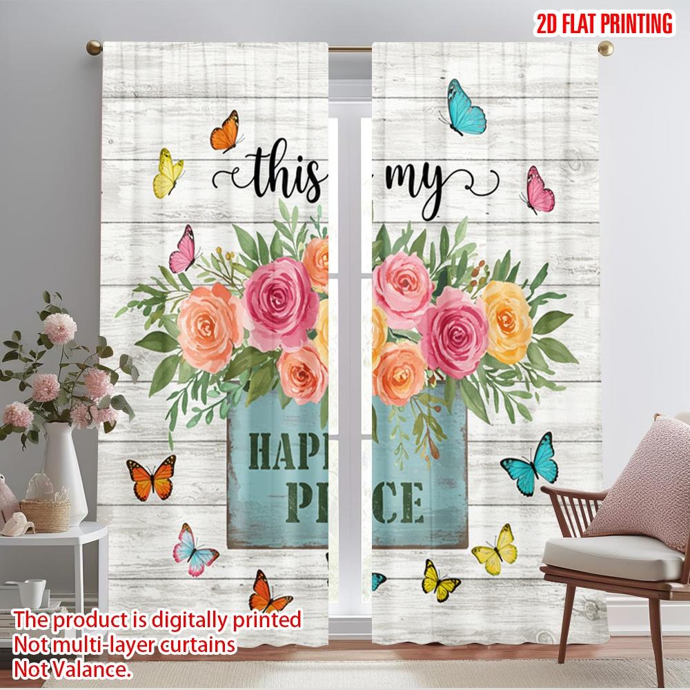 2pcs 2D flat printing Curtain Floral Butterflies Happy Place Sign Polyester Without Electricity Festive Curtains Perfect for