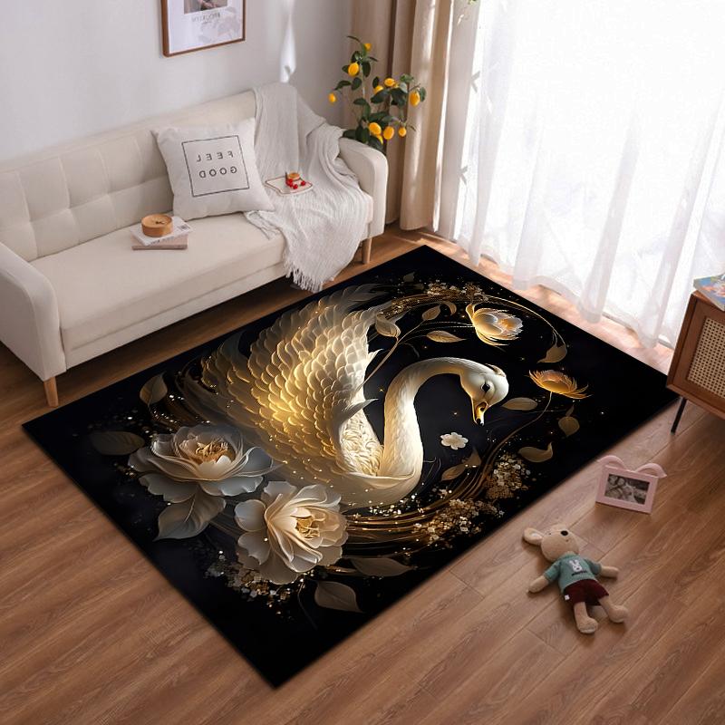 Elegant Swan and Floral Design Carpet with Golden Accent Pattern Suitable for use as an anti-slip for living room bedroom sofas