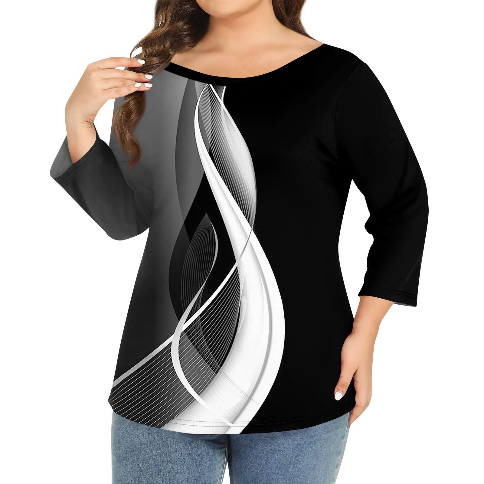 

Женский однотонный топ больших размеров с круглым вырезом и рукавами 3/4 XXL чёрный