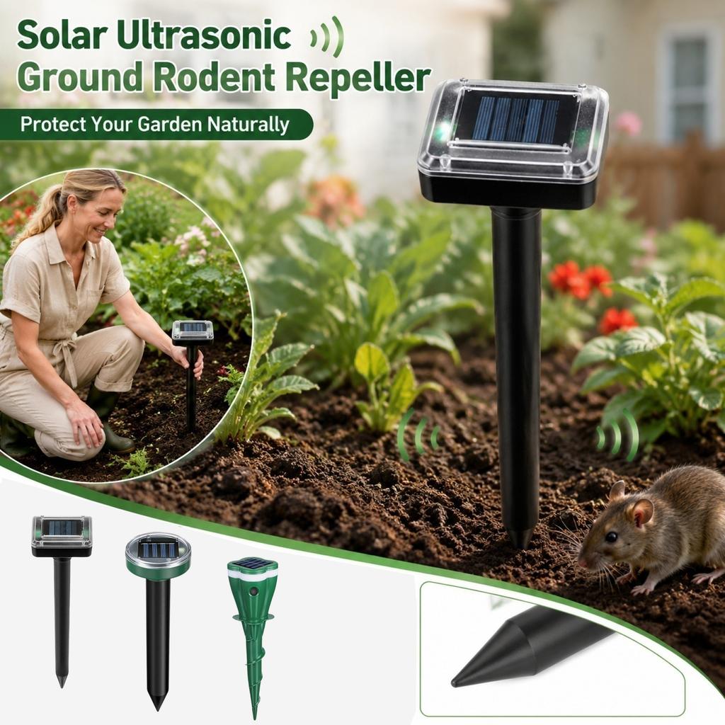 Solar Powered Ultrasonic Ground Pest Repeller Outdoor Animal Repellent Device for Rodents Moles and Other Burrowing Pests with Waterproof Design