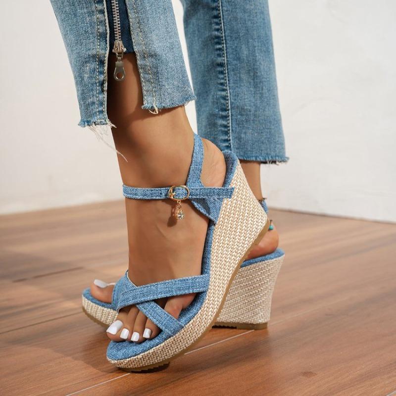 Fashion Summer Slope Heel Buckle Open Toe Wedge Ultra High Heel Women's Sandals 2025Fashion One Line Buckle Sandals Women Shoes  Heels