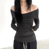 Spring Fall Women's New Japanese Basic Models Slim Long-Sleeved Striped t-Shirt Strapless Korean Street Style Y2k Thin Tops