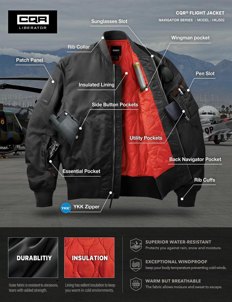 Kurtka lotnicza Jumper Flight Jacket Outdoor Travel Camping Climbing Duży rozmiar Wiosna Jesień Zima [CQR] Męska Damska [Wiatroszczelna/Odporna na zimno] HKJ502-BLK_L