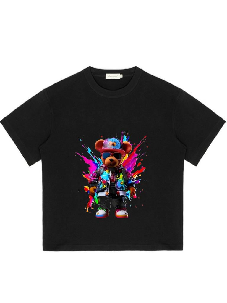 Black T Shirt with Colorful Bear Graphic Print for Casual Wear