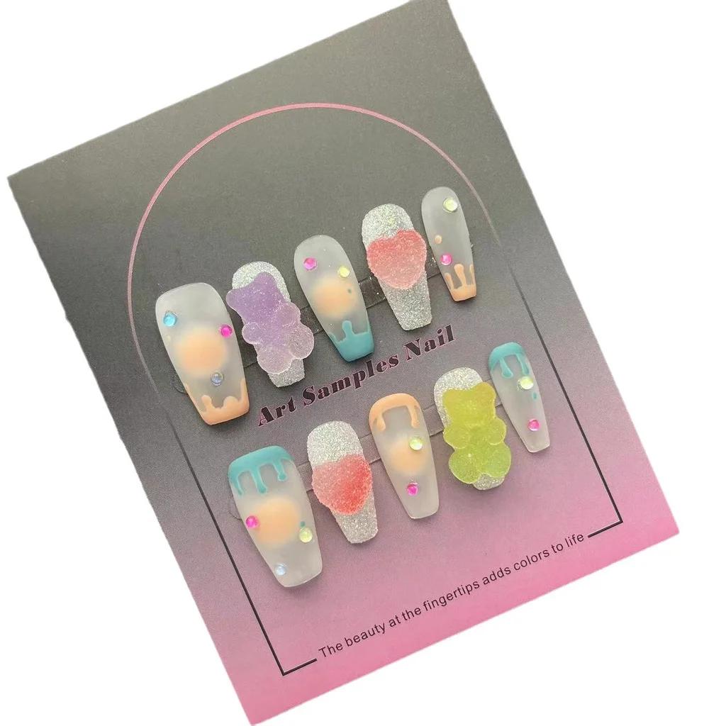 

Милые накладные ногти Y2K Dopamine Bear Gummy Handmade носимые ногти Cute Sugar Bear Nail Art Съемные накладки для ногтей L
