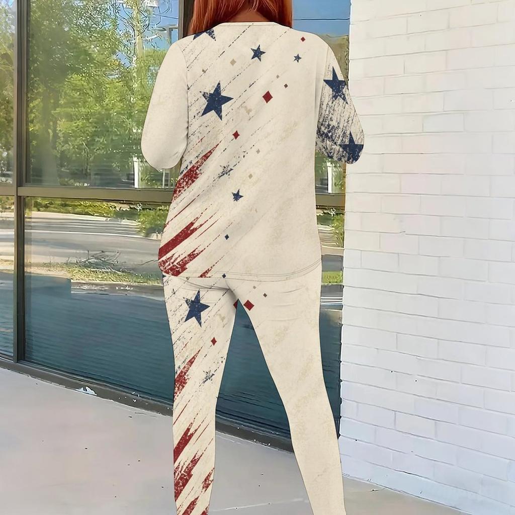 Women Plus Size Round Neck Long Sleeve Printed Top And Fitted Pants Two Piece Set
