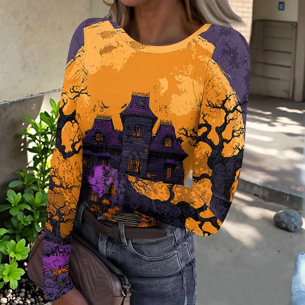 Women Long Sleeve Ribbed Knit Top Halloween Print Casual Crew Neck Slim Fit Stretchy Pullover Shirt for Daily Wear