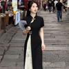 Elegant Summer Qipao Dress with Frog Buttons and Stand Collar - Slim Fit Patchwork Long Skirt