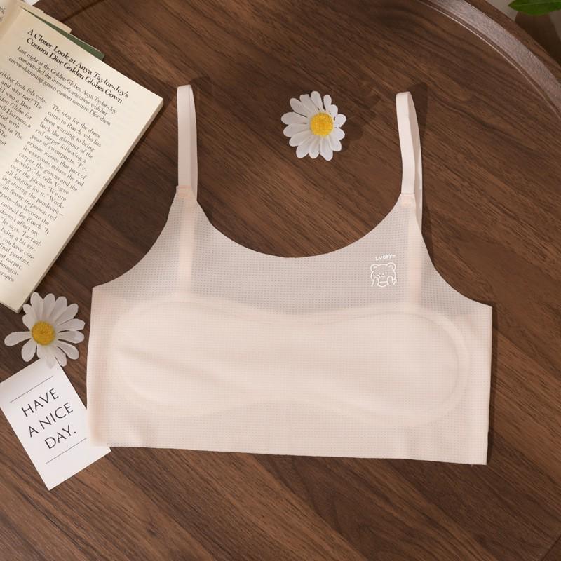 Girls' Wireless Non-Slip Sports Bra - Ice Silk Seamless Strappy Design for Large Bust