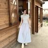 French Cake-cutting Small Woman Summer Temperament Design Sense Beautiful Dress Blue Generous Short-sleeved Skirt