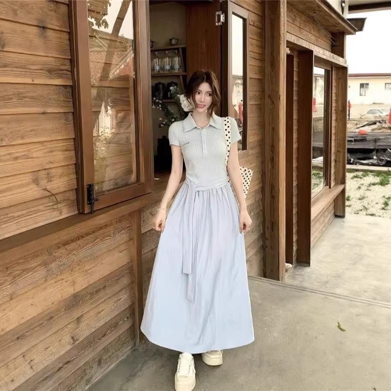 French Cake-cutting Small Woman Summer Temperament Design Sense Beautiful Dress Blue Generous Short-sleeved Skirt