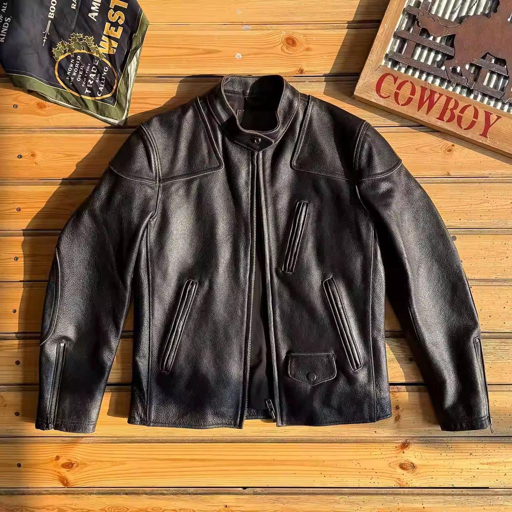 Men's genuine leather leather jacket venom washed graphite old short stand-up collar leather jacket first layer cowhide motorcycle clothing