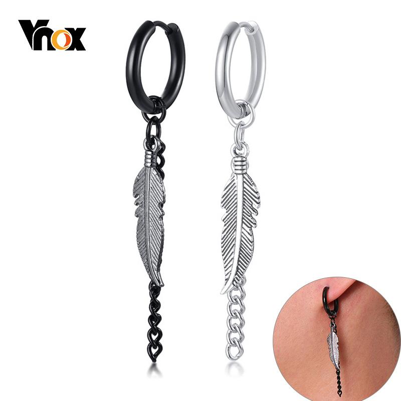 Vnox 1 Piece/Pair Feather Leaf Dangle Earrings for Women Men Jewelry,Stainless Steel Link Chain Drop Punk Ear Clip Accessory