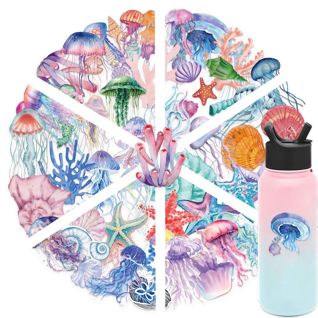 50pcs Tropical Fish Graffiti Stickers Jellyfish Sea Star Shell Coral Decorative Frame DIY Waterproof Decals