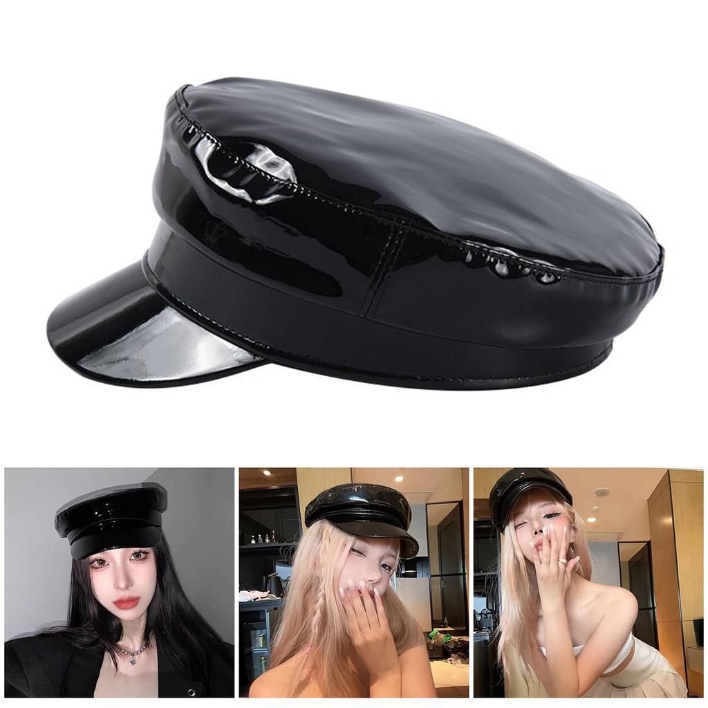 PU Beret British Elegant Shiny Black Painter Hat Grandpa Hat Cabbie Hat for Outdoor Walk Club Cabbie Hat