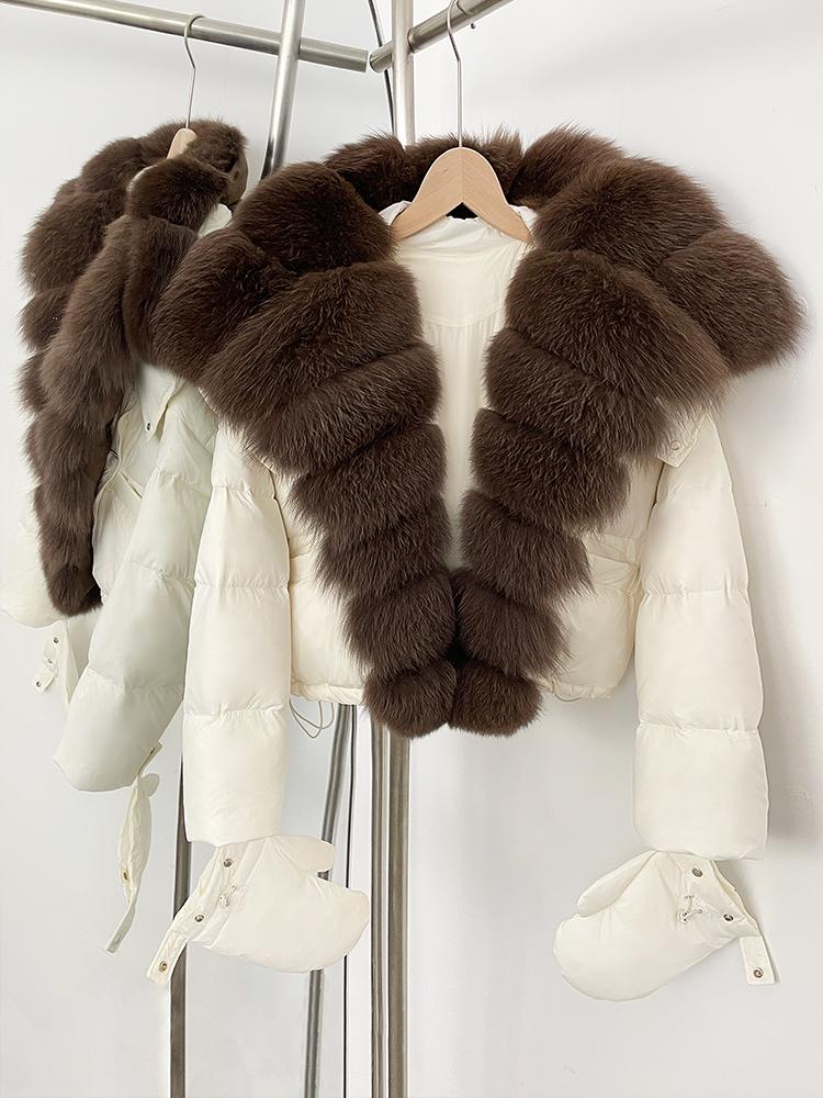 OFTBUY New Winter Top Clothes Women Short Hooded Big Real Fox Fur Down Coat Female Natural Fur Fluffy Puffer Jacket with Gloves