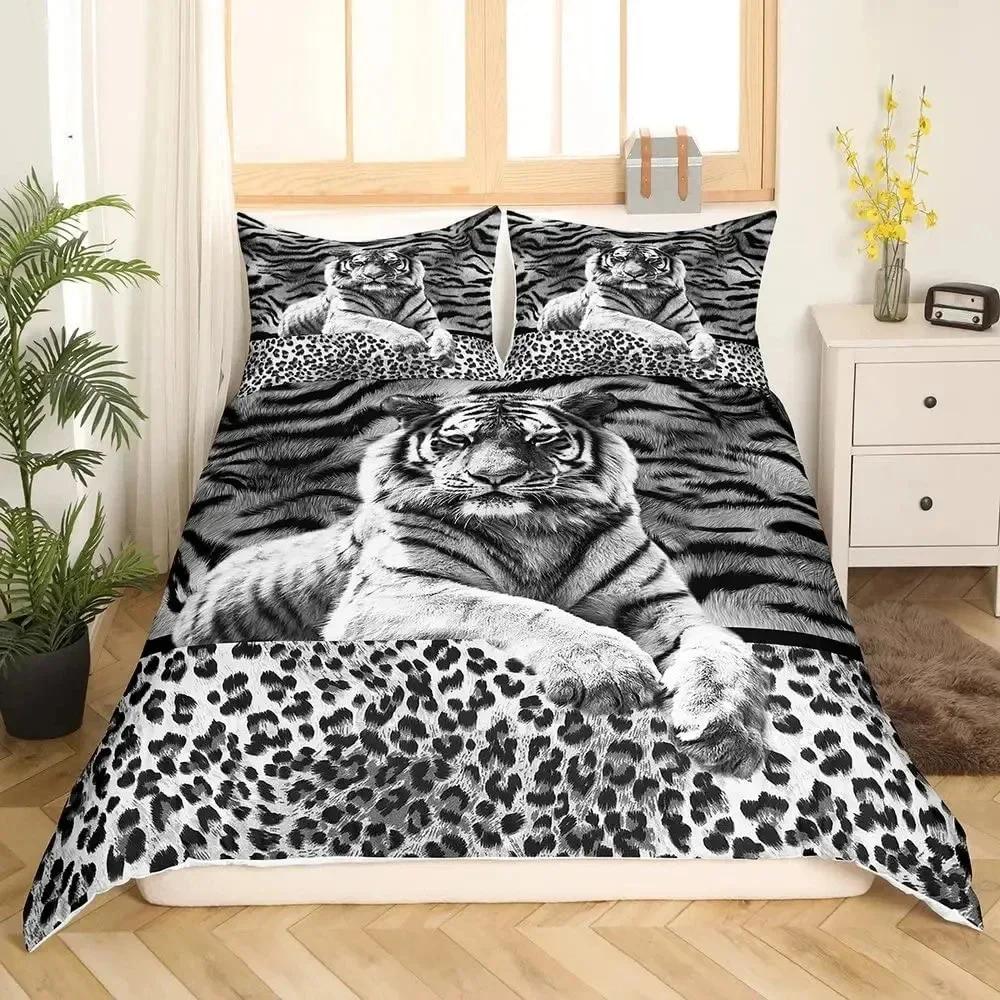 

White Tiger Red Rose King Queen Duvet Cover Africa Big Cat Flower Bedding Set For Teen Adult Animal Polyester Quilt Cover 70x133cm 2pcs