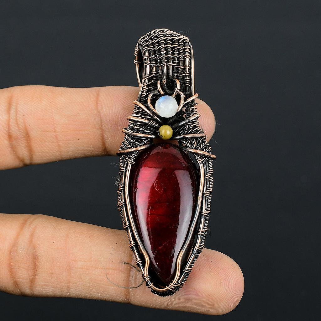 Red Labradorite, Moonstone Handmade Copper Wire Wrap Pendant 2.25" E8D88