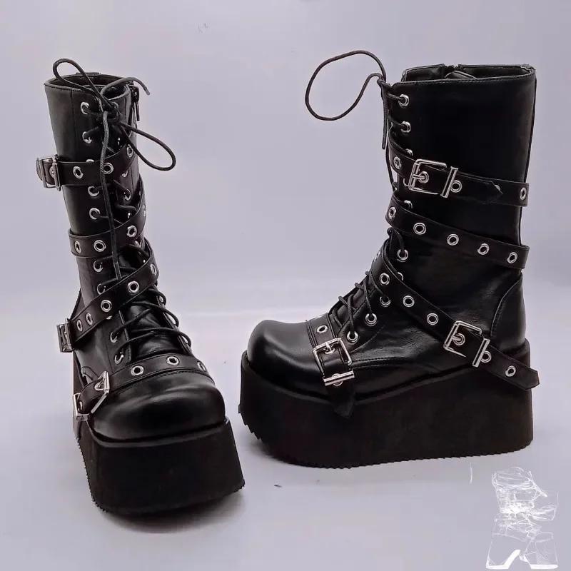 Winter Women's Buckle Boots Round Toe Wedge Side Zip Platform Shoes Gothic Outdoor Leisure Fashion Botas De Invierno Para Mujer