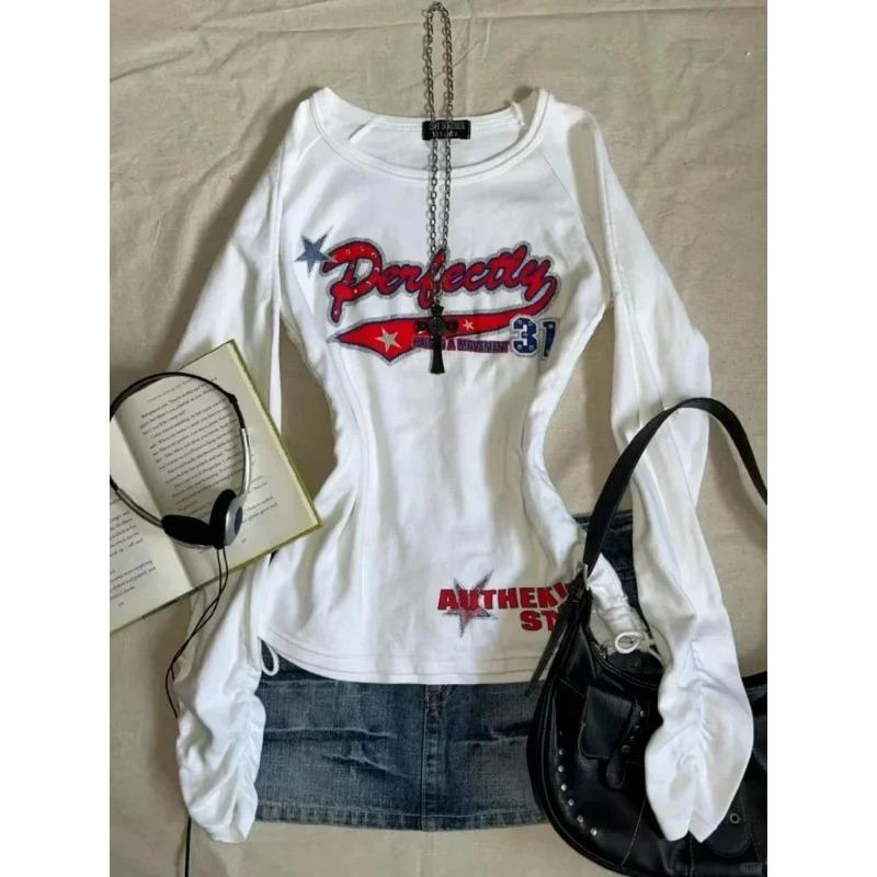 

Американские винтажные женские футболки Y2k, белые футболки с длинными рукавами в стиле гранж с графическим принтом, повседневные топы в стиле Харадзюку 2000-х годов S