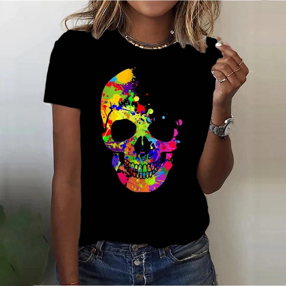 Women's 3D skull print retro T-shirt, round neck short sleeved T-shirt, Harajuku Y2K large T-shirt, women's clothing