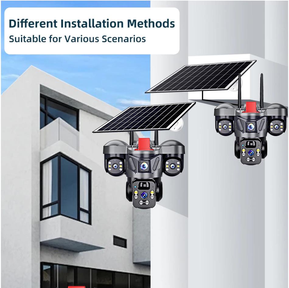 HD 4G Solar-Powered Outdoor Surveillance Camera with Tri-Lens, WiFi, Night Vision, Remote Access, and Waterproof Design for Home Use