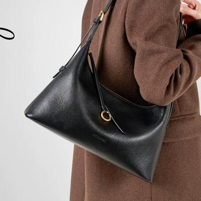 Genuine Full-Grain Leather Tote Bag Women Large Capacity Minimalist Shoulder Soft Structured Design Black