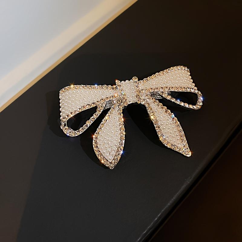 Elegant Iron White Rhinestone Bow Hair Clip Pearl Accented Spring Clip Butterfly Knot Hair Accessory For Women