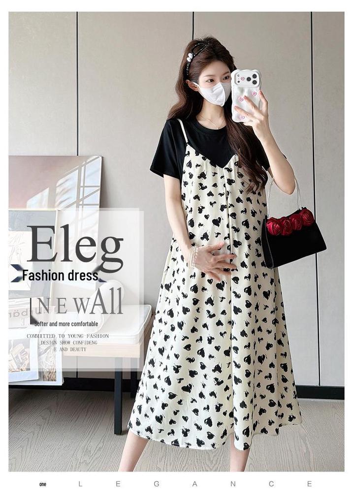 2026 Summer Heart Print Maternity Dress - Mid-Length Two-Piece Style