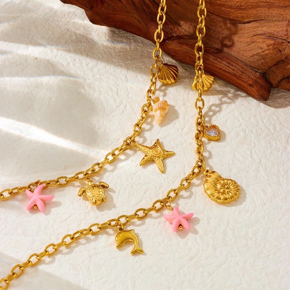 Fashion Vacation Ocean Drop Oil Dolphin Pearl Shell Starfish Chunky Chain Necklace