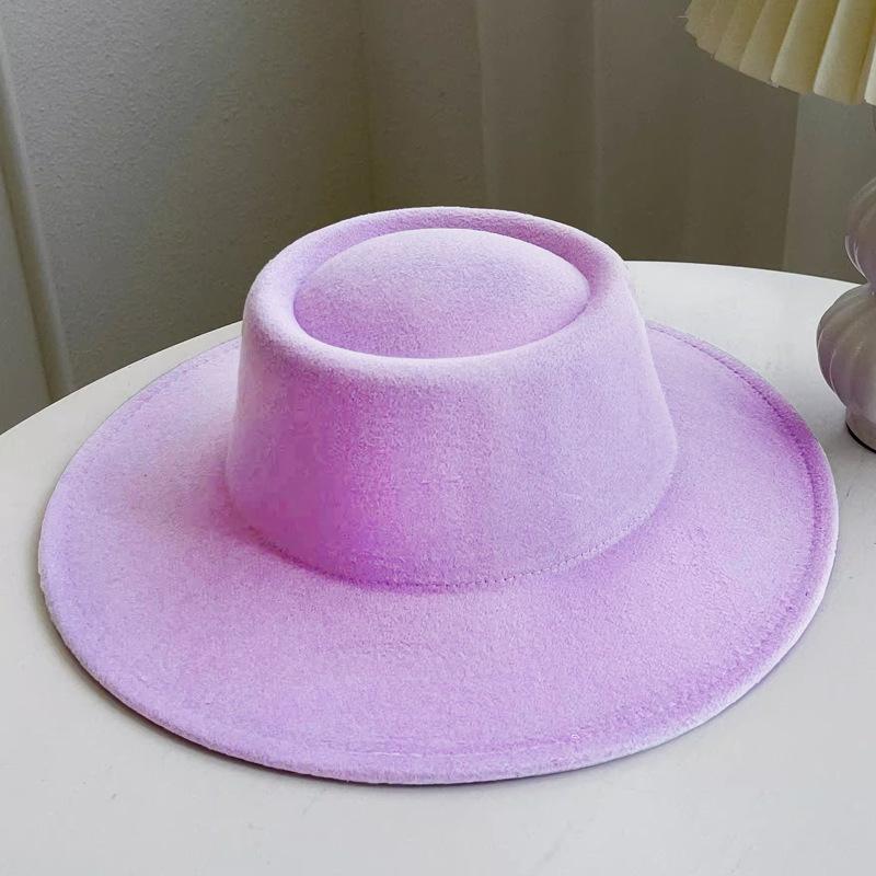 New Retro Imitation Wool Hat for Women Solid Color Versatile French Top Hat British Large Brim Dome Concave Felt Hat