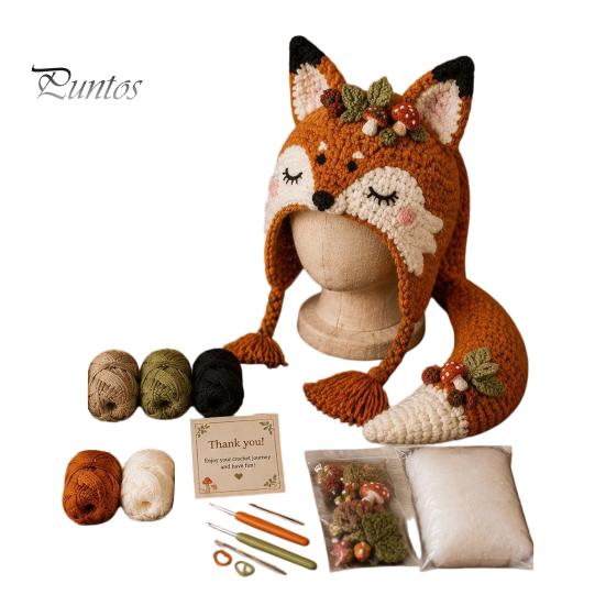 Beginner Friendly Yarn Arts Animal Hat Crochet Kit, Fantasy Hood DIY Cute Craft Gifts for Adults Unicorn Fox Frog Earflap Crafting Kit Teens Halloween