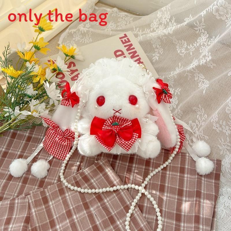 Plush Rabbit Lolita Shoulder Bag With Lace Bow Design And Faux Pearl Shoulder Strap For Daily Use