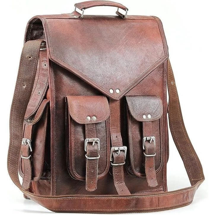 

Рюкзак из козьей кожи для ноутбука, винтажный, из натуральной кожи, дорожный, коричневый, новый, мужской 15 x 11 x 4 in