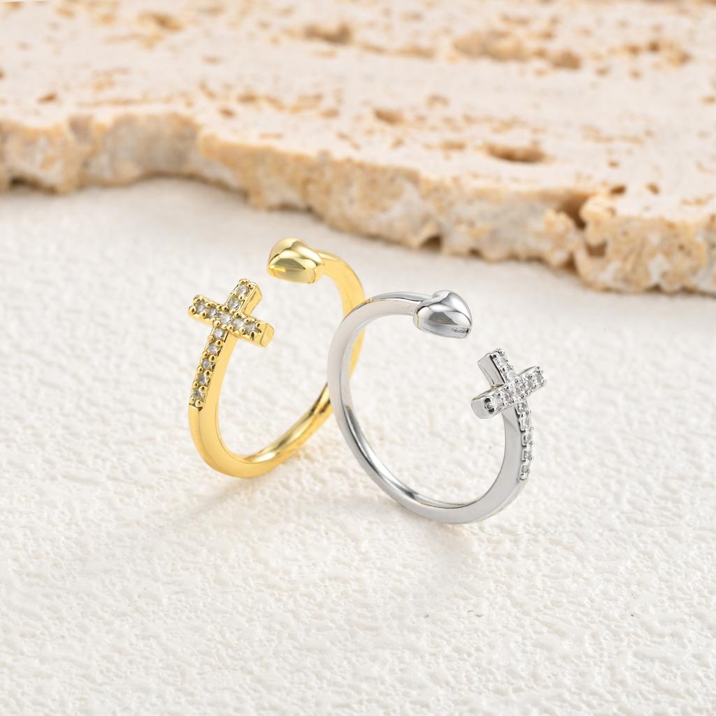 Exquisite Zircon Cross Ring for Women,Open Adjustable Heart Rings,Dainty Fashion Jewelry Gift