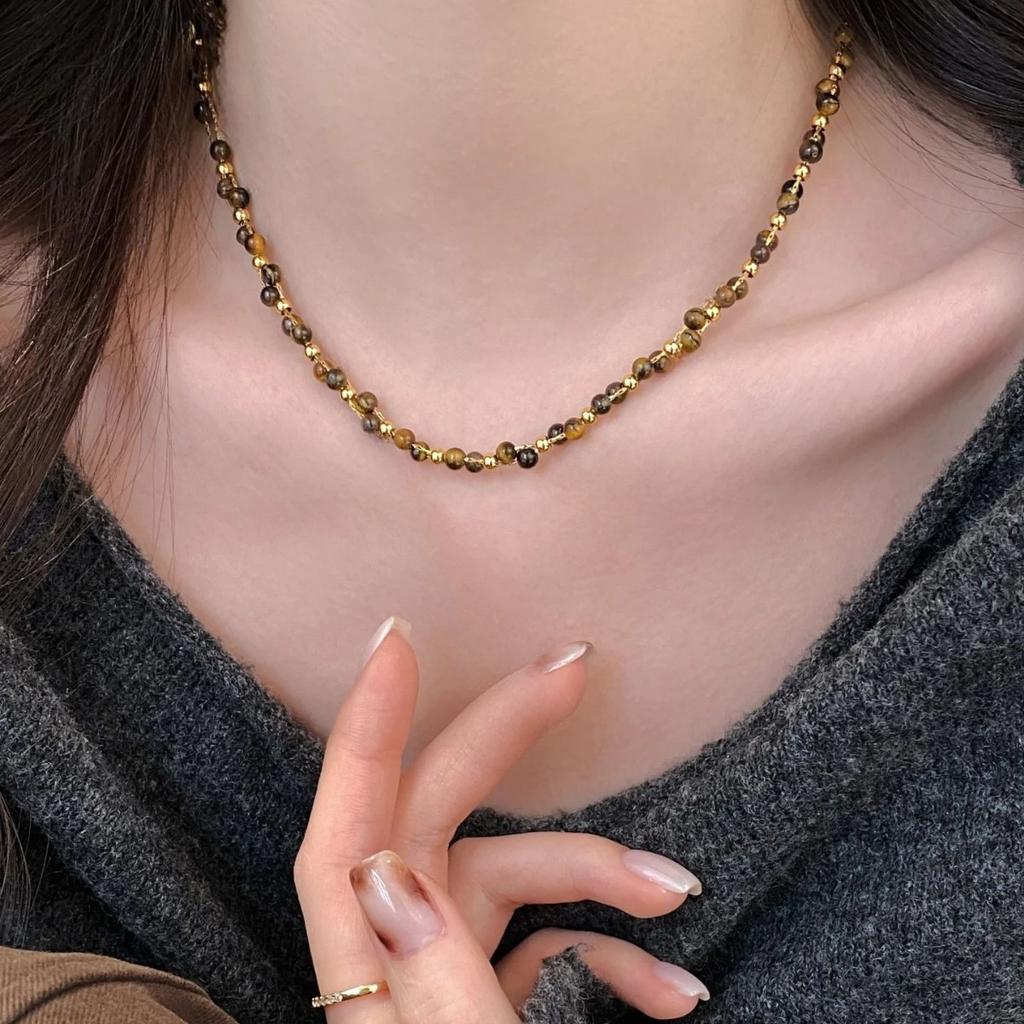 Maillard Tiger'S Eye Minimalist Beaded Necklace High-End Light Luxury Women'S Niche Jewelry