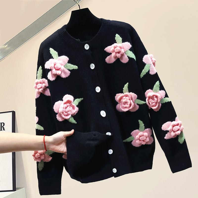 Pulover Casual Femei 2023 Cardigan Femei Pulover Largi Manecă Lungă 3D Floare Gât Rotund Cardigan Tricotat Femei