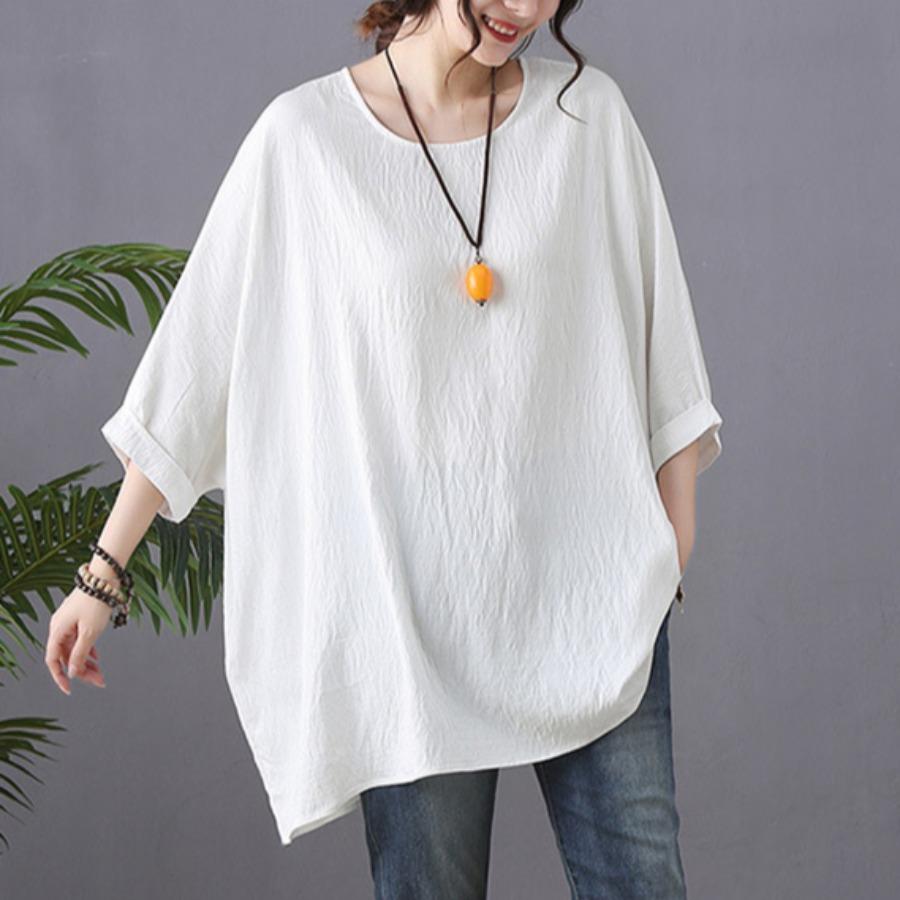 Sommer Baumwolle Hanf Bluse Künstlerisch Locker Lässig Fledermausärmel Großer Rundhalsausschnitt Oberteil T-Shirt für Damen
