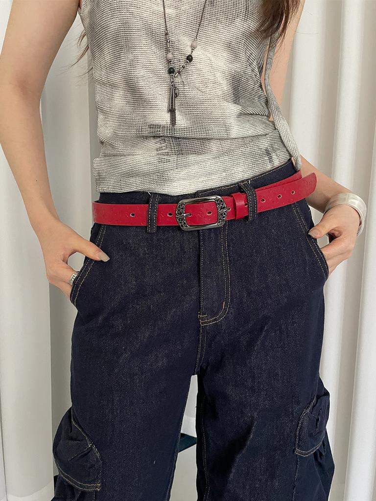 Retro Ethnic Butterfly Printed Red Belt For Women New In Versatile Belt With Jeans Belt Decoration