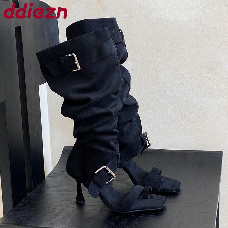Fashion Fashion Open Toe Women Knee High Boots Shoes Female Flock Footwear Square Toe Ladies Sandals Boots With Thin Heels Shoes Pumps