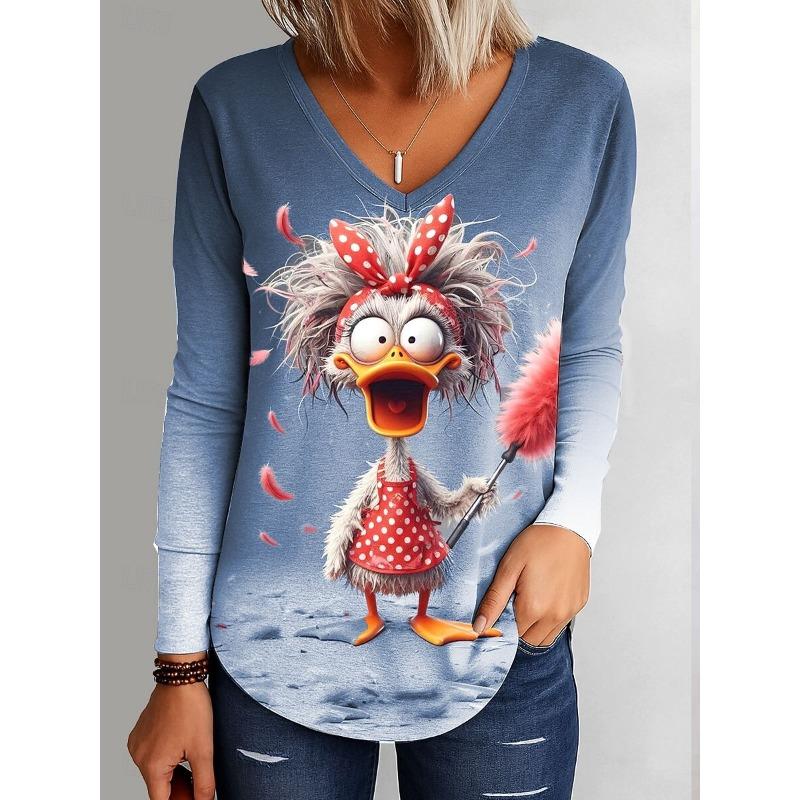 

Женская футболка с градиентным графическим рисунком утки, элегантная модная футболка с длинным рукавом, V-образным вырезом, обычный топ, пуловер, осень-зима 2XL