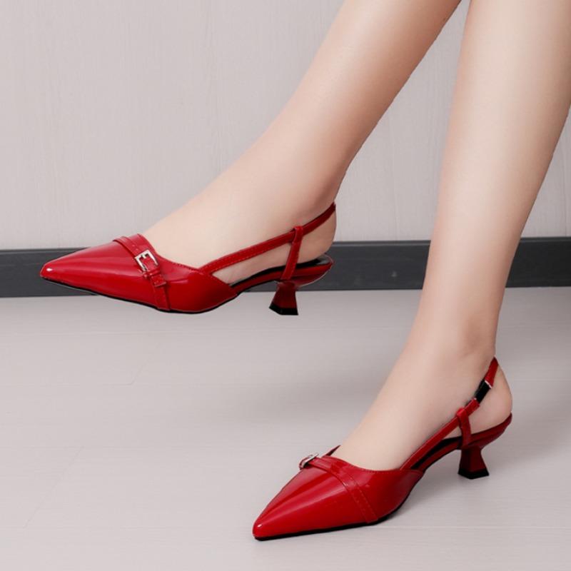 Fashion Women's Baotou Sandals Spring New Pointed Head Shallow Mouth Metal Buckle A Word with Anti-slip Wear-resistant High Heels