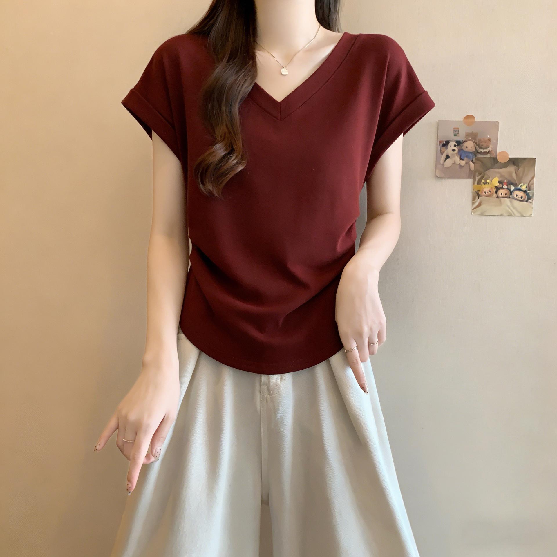 

Women s Summer Cotton V-Neck Cinched Waist Loose T-Shirt - Wrinkle-resistant, Short-sleeved, Plus Size, Versatile, Age-reducing Design 4XL вино красного