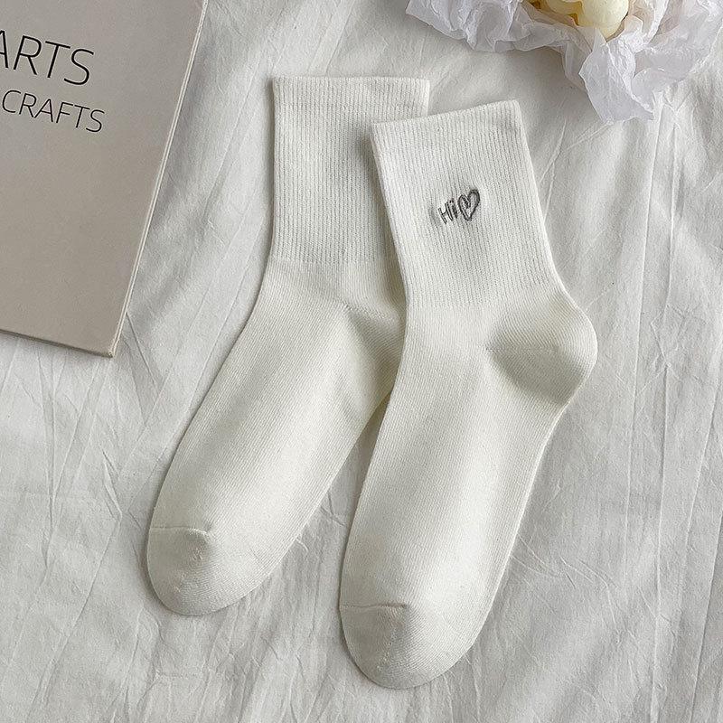 Women's Mid-calf Socks for Spring and Autumn, Heart-shaped Embroidered Cotton Socks, Trendy Women's Socks for Autumn and Winter, Anti-slip Long Socks