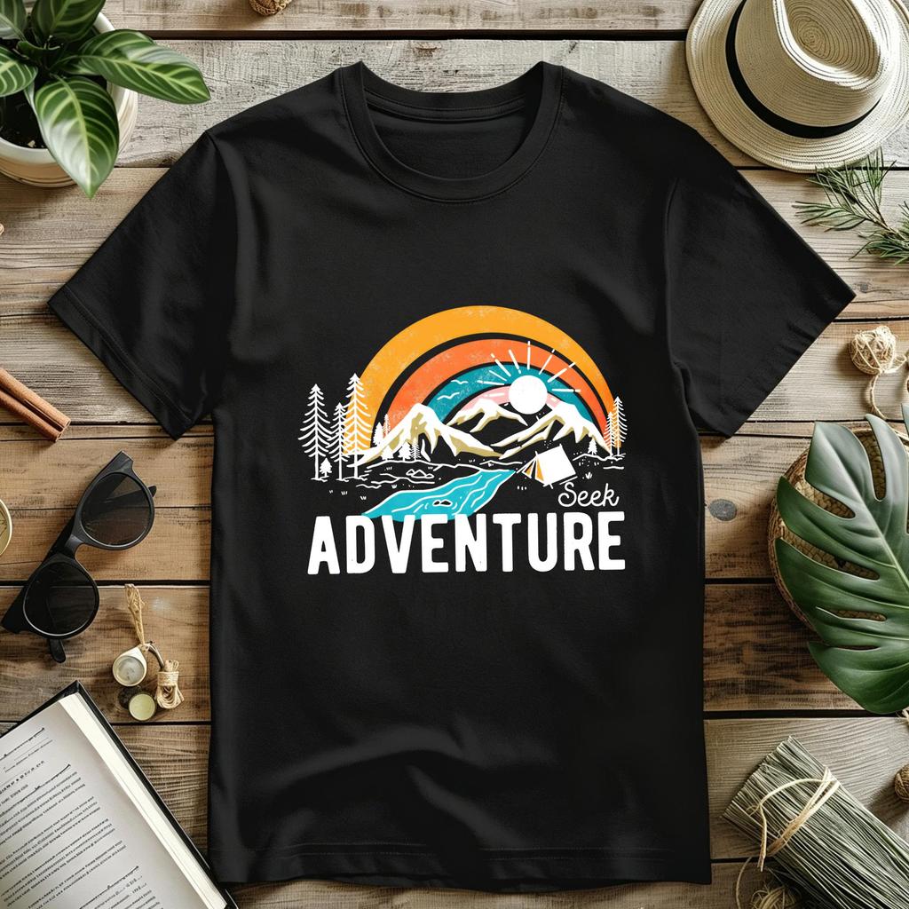 Seek Adventure Mountain Rainbow Camping Graphic Tshirt Retro Forest Pine Tree River Print Tee Outdoor Hiking Nature Casual Top