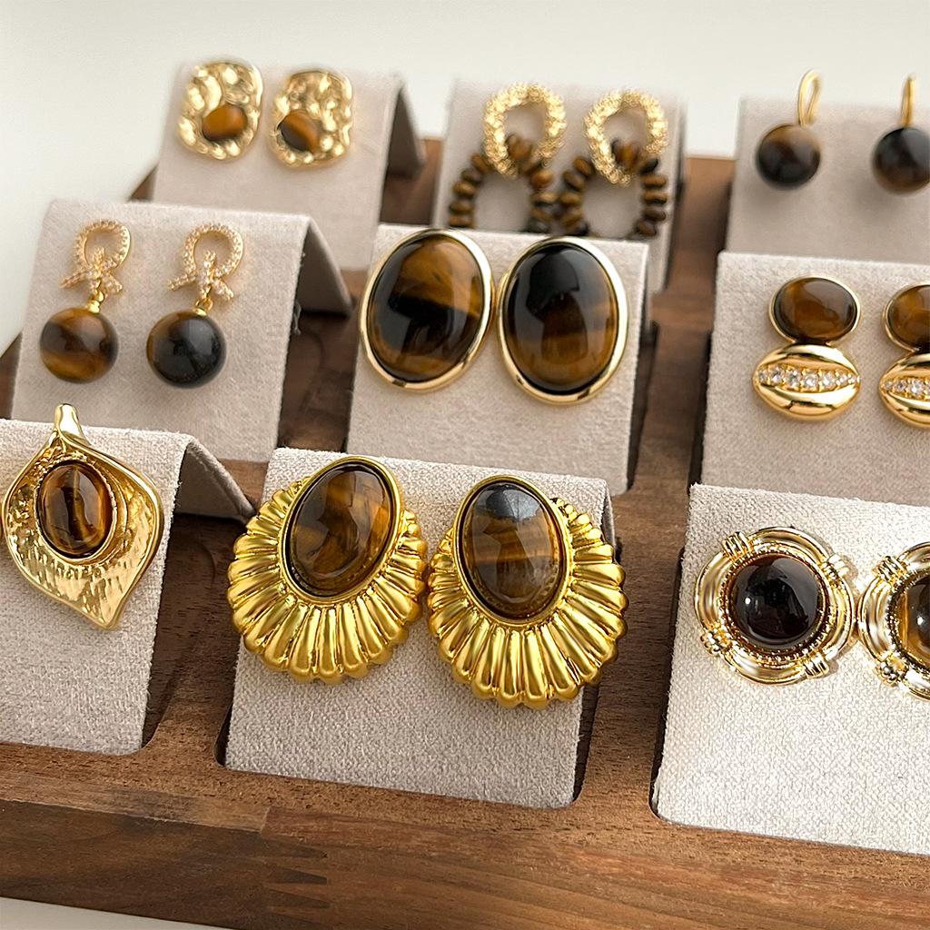 Tiger's eye geometric round earrings Maillard style stud earrings niche design earrings