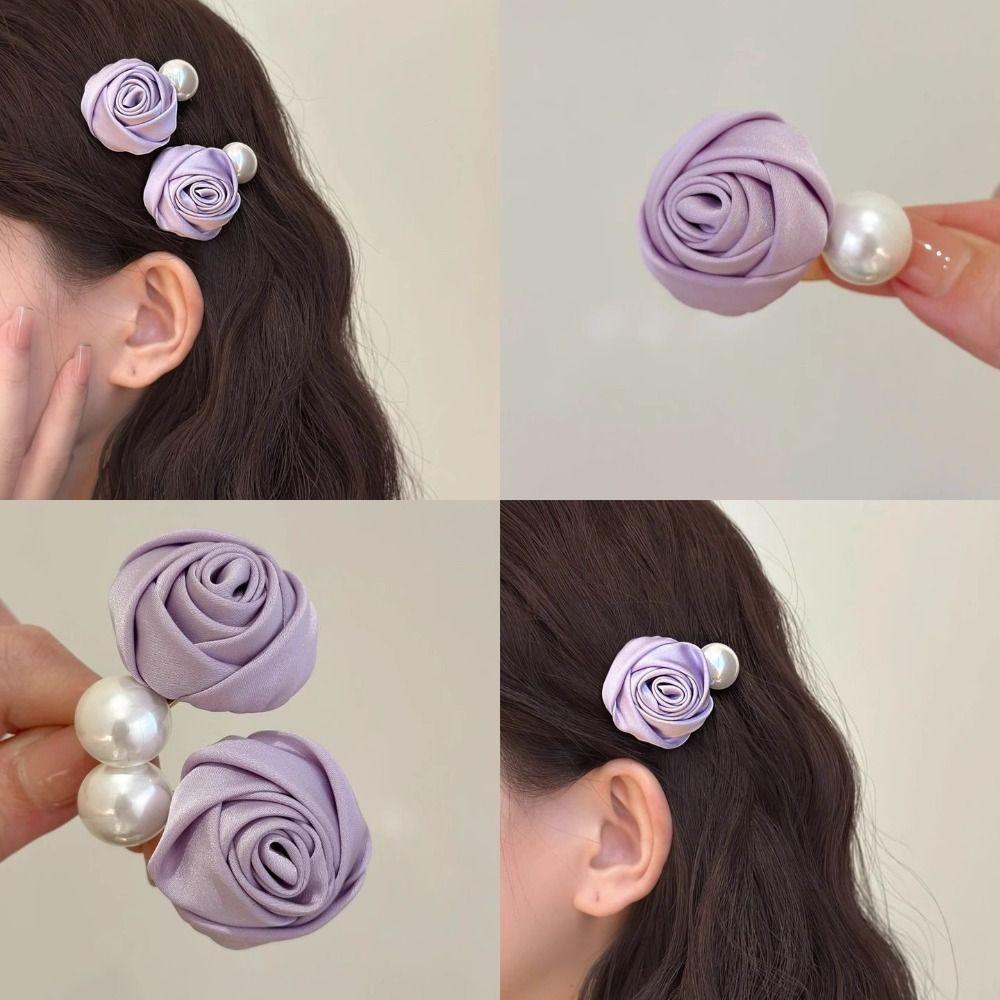 Flower Rose Hair Clips Korean Style Pearl Barrettes Elegant Silk Satin Hairpin  Women